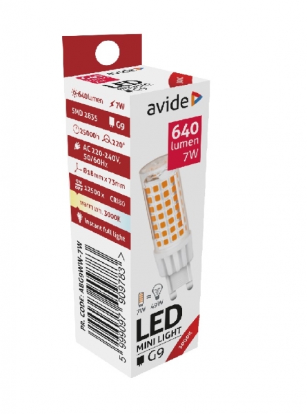 LED spuldze 7W / G9 / 220° / WW / 3000K / Avide / 5999097909783 / 10-147