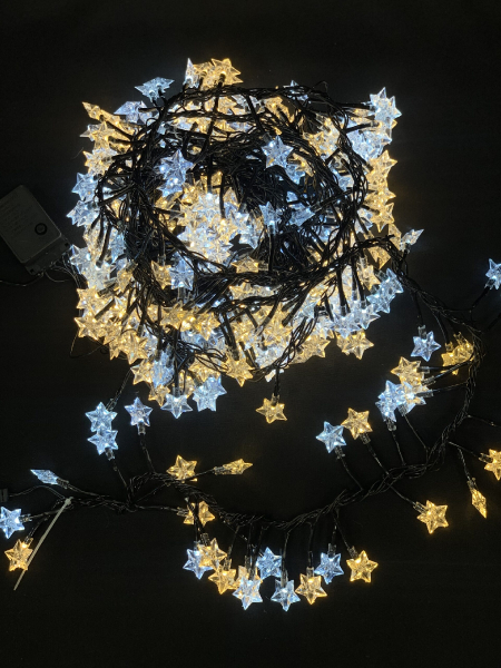 LED Ziemassvētku iekštelpu virtene ar zvaigznēm / cluster / auksti balta + silti balta (maināmi) / 300 LED diodi / 8 režīmi / 6,5m / IP44 / savienojamā / 220V / 50Hz / 19-500 / 2000002004813