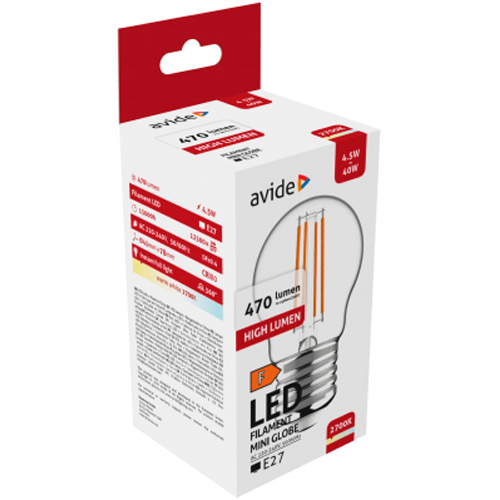 LED spuldze Filament Globe Mini E27 / G45 / 4.5W / 470Lm / 360° / WW - silti balta / 2700K / Avide / 5999097950068 / 10-270