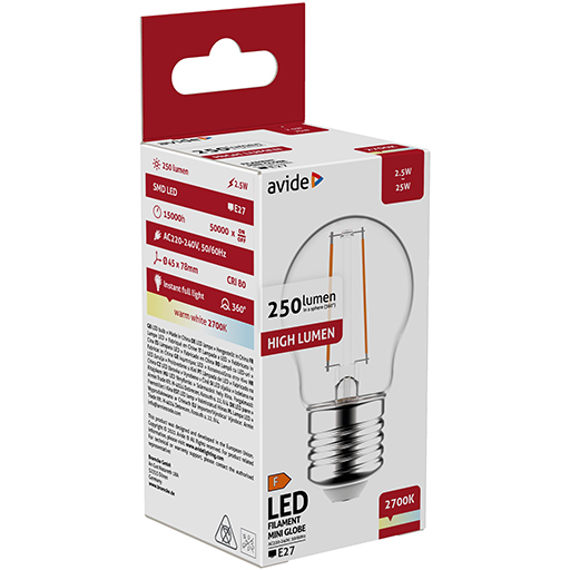 LED Filamenta spuldze Globe Mini / G45 / 2.5W / E27 / WW - silti balta / 2700K / 250Lm / 360° / Avide / 5999097946320 / 10-1961