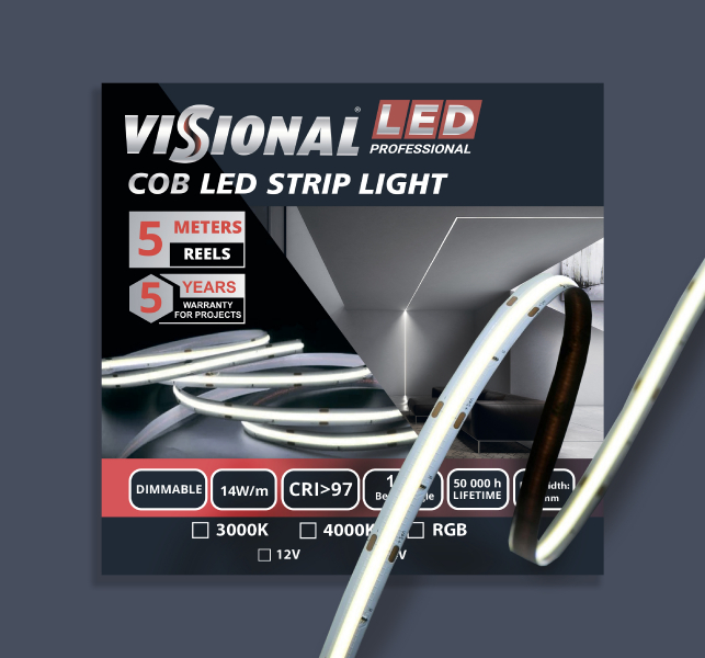 COB LED LENTE 24V / 14W/m / 4000K / NW - neitrāli balta / 1400 LM/m / CRI >97 / DIMMABLE / IP20 / VISIONAL PROFESSIONAL / 5m iepakojumā / Nepārtraukta izgaismojuma LED lente / bez punktiem / 4752233010146 / 05-9508