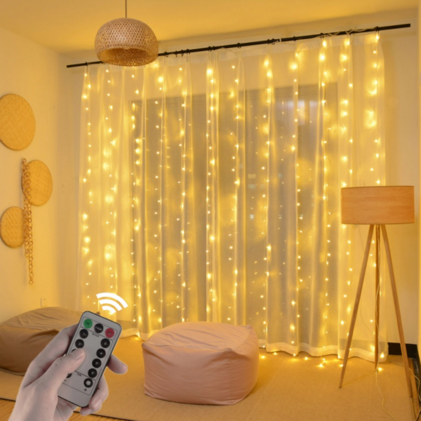 LED Christmas diode string - curtain copper wire   / 3x3m / WW - warm white / remote control / USB / 2.0W / IP44 / 220V adapter included / LED nano wire / 19-541