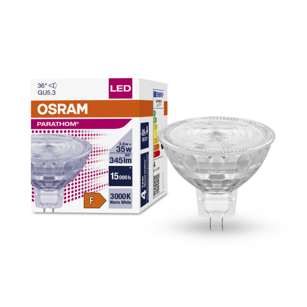 OSRAM LED spuldze MR16 / GU5.3 / 3.8W / 345lm / 36° / WW - silti balta / 3000K / 4058075796652 / 20-1202