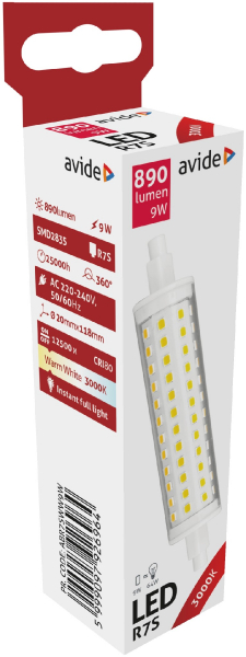 LED spuldze R7S / 9W / 890Lm / WW / 3000K / Аvide / 5999097926964 / 10-177
