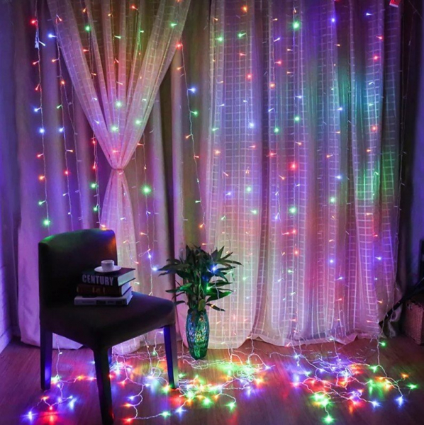 LED Christmas diode string - curtain copper wire with stars / 3x2m / multicolor / remote control included / USB / 220V / 200 diodes / 10.2W / IP44 / LED nano wire / 19-484