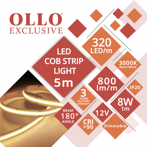 COB LED LENTE 12V / 8W/m / 3000K / WW - silti balta / 800lm/m / CRI >90 / DIMMABLE / IP20 / VISIONAL OLLO / 5m iepakojumā / Nepārtraukta izgaismojuma LED lente / bez punktiem / 4752233010061 / 05-9501