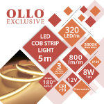 COB LED LENTE 12V / 8W/m / 3000K / WW - silti balta / 800lm/m / CRI >90 / DIMMABLE / IP20 / VISIONAL OLLO / 5m iepakojumā / Nepārtraukta izgaismojuma LED lente / bez punktiem / 4752233010061 / 05-9501 :: LED lentes silti balta krāsā