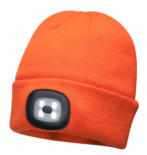Cepure ar LED gaismu 150Lm, distance 10m, IP44, līdz 4 stundam, lādējama caur USB , Oranža krāsa / cepure ar LED lukturi / cepure ar integrētu LED apgaismojumu / 5036108287109 / 07-300 