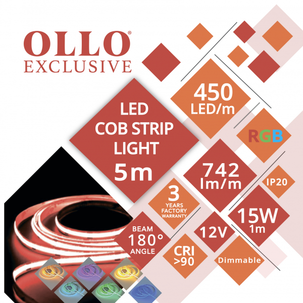 LED COB lente 12V / 15W/m /  RGB - daudzkrāsaina / 742lm/m / CRI >90 / DIMMABLE / IP20 / OLLO / 5m iepakojumā / Nepārtraukta izgaismojuma LED lente / bez punktiem / 4752233010153 / 05-9511