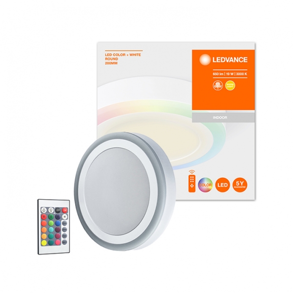 LEDVANCE LED Dimmable ceiling / wall light with remote control 18W / Ø 20 cm / 3000K + RGB / warm white + multicolor / 650Lm / IP20 / 110° / LED COLOR + WHITE / 4058075227590 / 20-7270