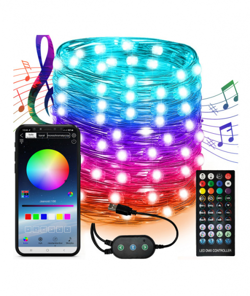 Outdoor and indoor LED Christmas diode string copper wire with remote control / 5V / 5m / USB / 220V / IP67 / 50 diodes / RGBW - multicolor + white / Wi-Fi + Bluetooth / LED nano wire / 03-6132