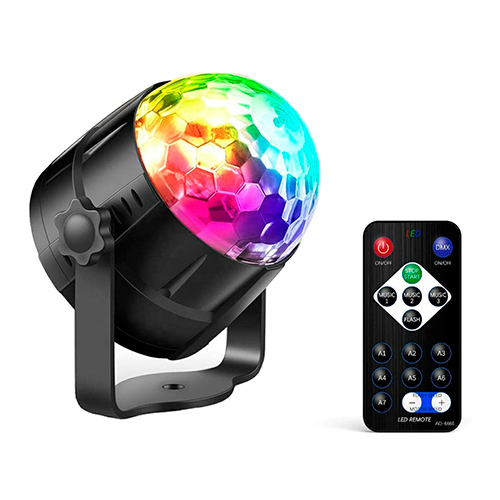 Цветомузыкальная лампа - проектор с пультом / диско - шар / 230V / 3W / ⌀ 9 cm / RGB - разноцветная / 5907621829018 / 19-634