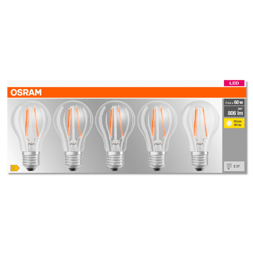 OSRAM Комплект filament LED лампочек (5 шт.) E27 / 6W / 806Lm / 320° / 2700K / WW - тёплый белый / 4058075673328 / 20-1218