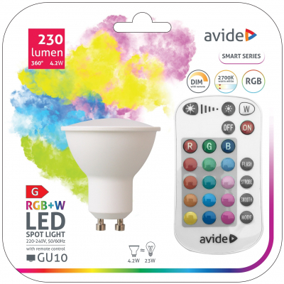 Smart LED bulb with remote control / GU10 / 4.2W / RGB+W / 2700K / 230Lm / 120°/ Avide / 5999097933160 / 10-1531
