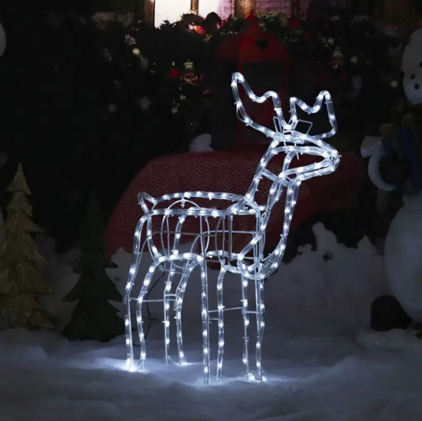 LED Ziemassvētku figūra - kustīgs briedis / Ārejai un iekšējai izmantošanai / Ziemassvētku dekors / balts + balts ZIBSPULDZES EFEKTS / augstums 110 cm / 230V-50Hz / 264 LED diodes / IP44 / 2000509534981 / 19-625