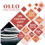 LED COB lente 12V / 8W/m / 6000K / CW - auksti balts / 800lm/m / CRI >90 / DIMMABLE / IP20 / OLLO / 5m iepakojumā / Nepārtraukta izgaismojuma LED lente / bez punktiem / 4752233010085 / 05-9503 :: LED lentes auksti balta krāsā