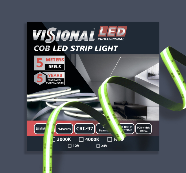 COB LED LENTE 24V / 14W/m / RGB - DAUDZKRĀSAINA / 1400LM/m / CRI>97 / DIMMABLE / IP20 / VISIONAL PROFESSIONAL / Nepārtraukta izgaismojuma LED lente / bez punktiem / 4752233010122 / 05-9509