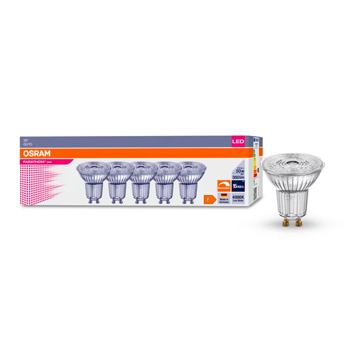 OSRAM Комплект LED лампочек (5 шт.) GU10 / 4.5W / 350Lm / 36° / 4000K / NW - нейтральный белый / PARATHOM DIM PAR16 / 4058075608238 / 20-1200