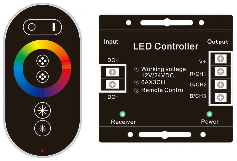 RGB LED lentes kontrolieris ar pulti / Daudzkrāsainas LED lentes kontrolieris ar pulti / 12V / 216W / 6 pogas / AVIDE / 5999097907642 / 10-524