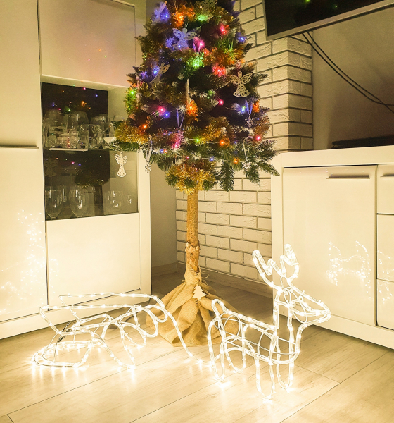 LED Рождественская фигура оленя с санями / Для наружного и внутреннего применения / Рождественский декор / 128 cм / WW - тёплый белый / 3D / 5900779939721 / 19-127