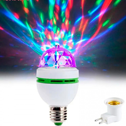 Лазерный проектор E27 для освещения помещений с адаптером для розетки / Вращающаяся диско-лампа / 3W / 85-260V / 120° / RGB - pазноцветная / 19-6051