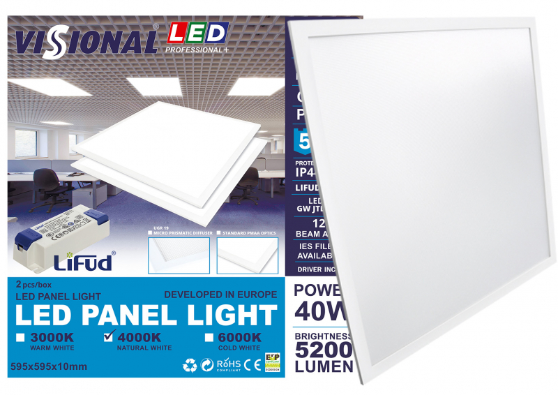 VISIONAL Professional+ LED panels (2 pcs. per pack) 40W / 5200Lm / LIFUD driver included / OSRAM LED chips / 60 x 60 cm / NON-FLICKER / IP44 / IK07 / PF≥0.96 / CRI>80 / PMAA 3mm glass / 120° / IES Files / 595 x 595 mm / 5 year project warranty / PRICE FOR 1 PIECE / 4752233006682 / 02-182