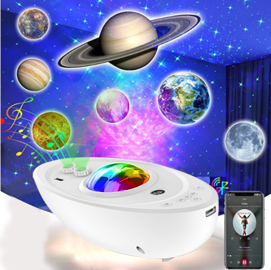 LED projektors - skaļrunis Kosmosa kuģis / Zvaigžņoto debesu projekcija / galaktika / kosmoss / planētas / Vadība caur viedtālruni (lietotnes) / USB Type C / 8 iebūvētas skaņas / 25 x 13 x 12 cm / 19-244